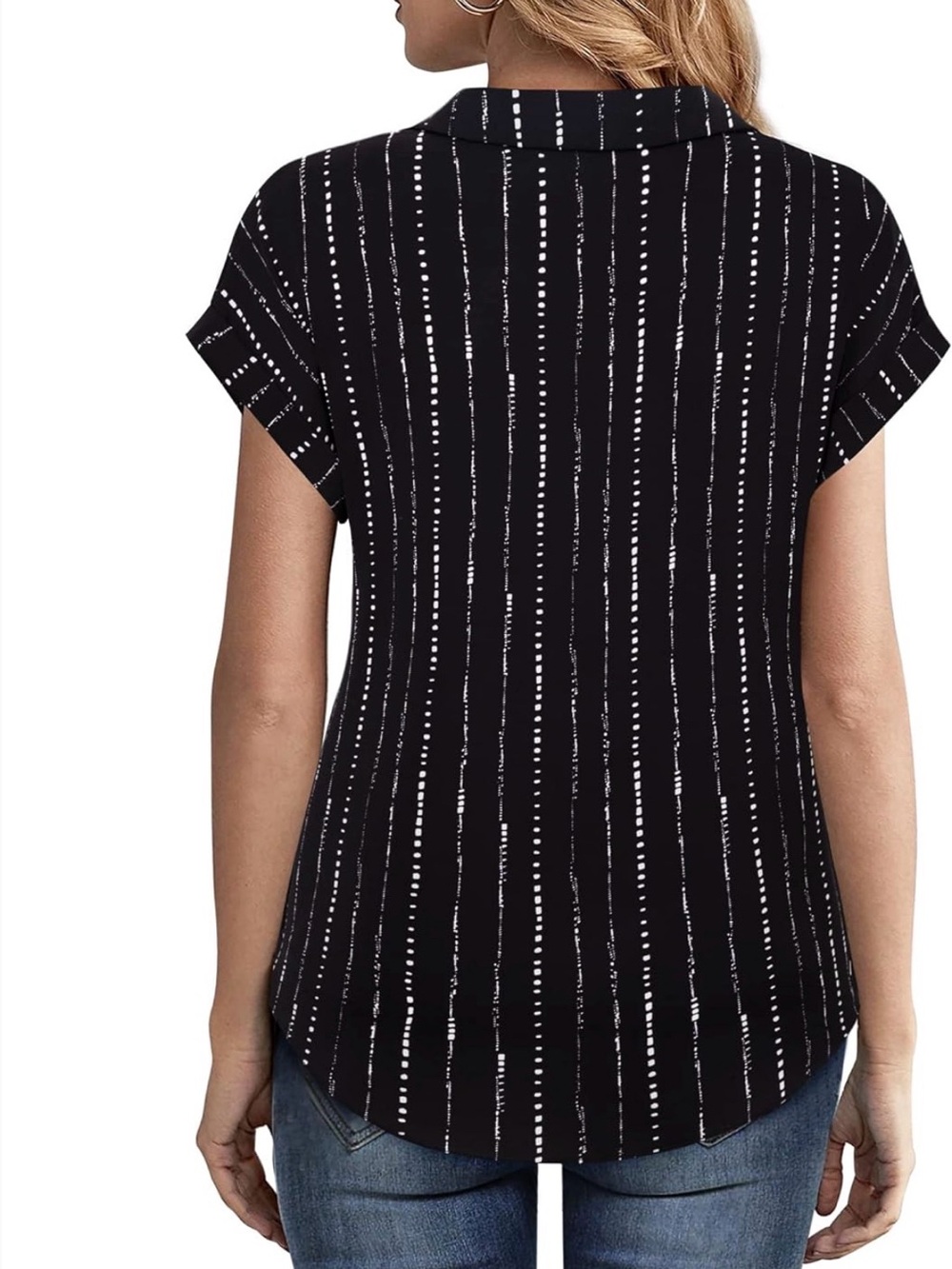 Women’s Black Striped Short Sleeve V-Neck Top - Picture 2 of 2